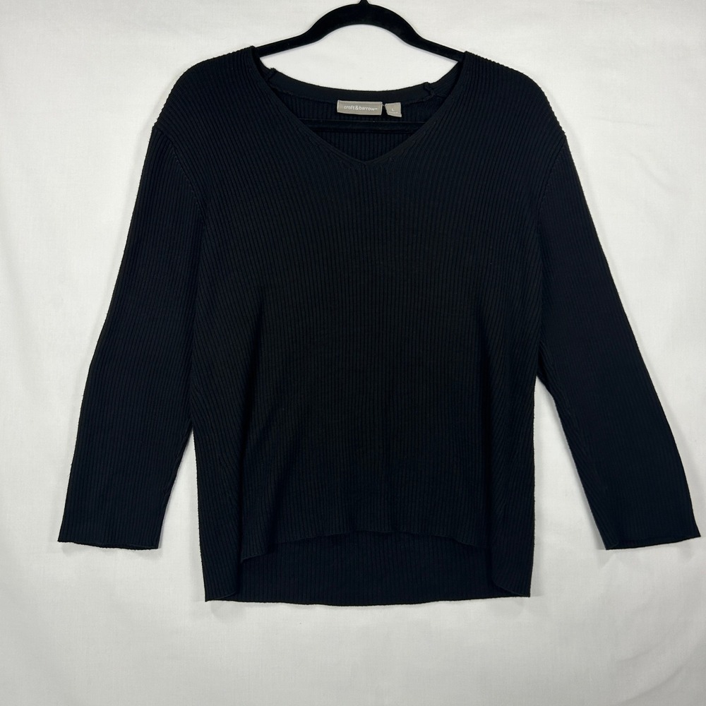 Croft & Barrow Black Ribbed V-Neck Sweater Size L Basic Minimalist Top